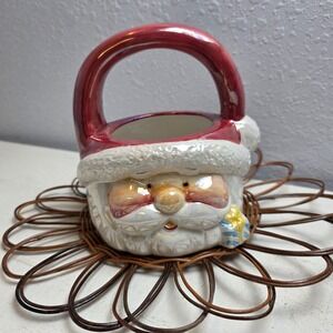 Adorable Vintage Ceramic Santa Claus Face Ceramic Basket Holder Handle Cheeky